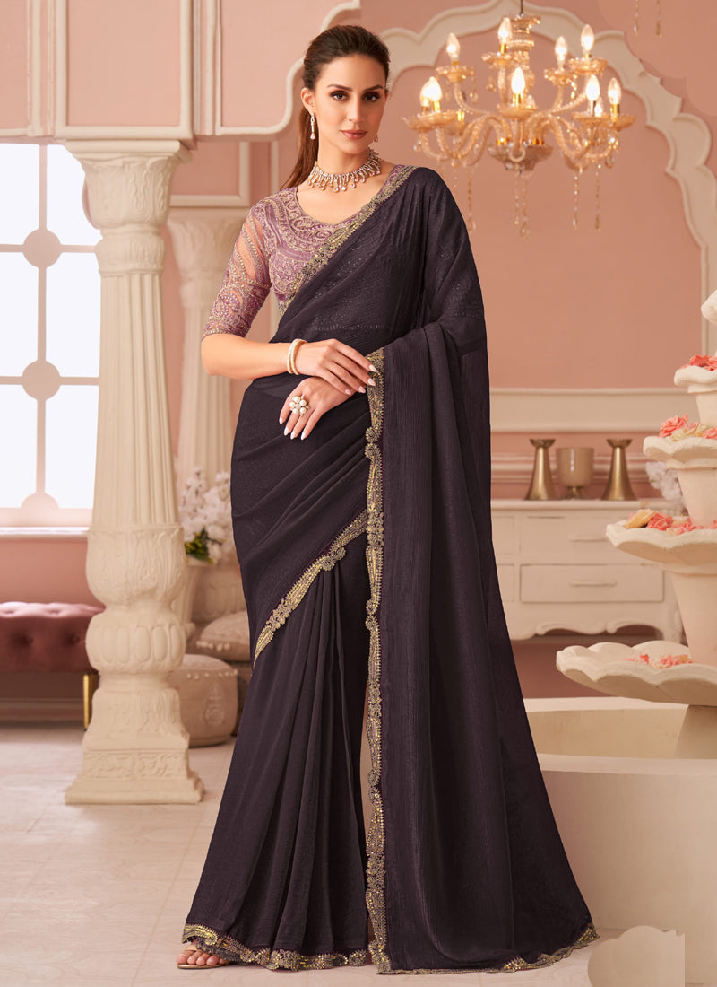 Vegaa Fashion Dark Brown Georgette Embroidered Party Wear Saree