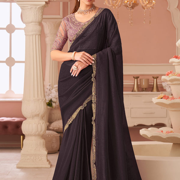 Vegaa Fashion Dark Brown Georgette Embroidered Party Wear Saree - Distacart