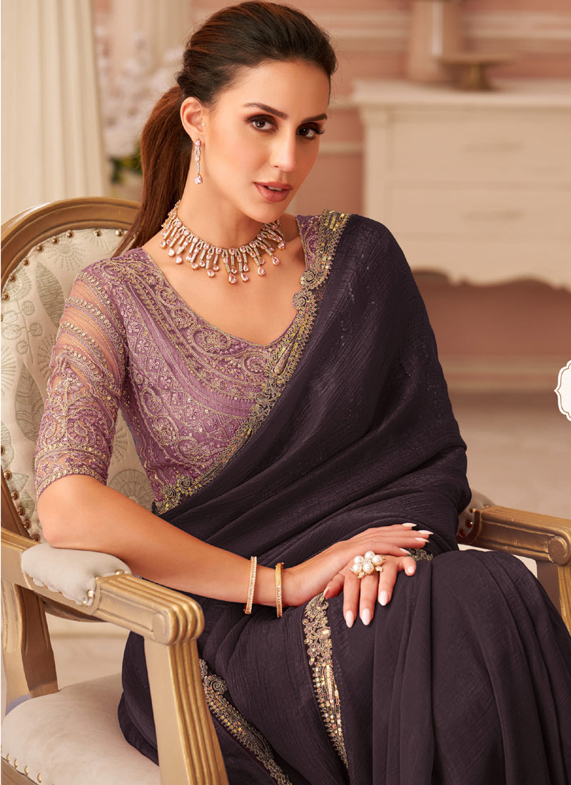 Vegaa Fashion Dark Brown Georgette Embroidered Party Wear Saree