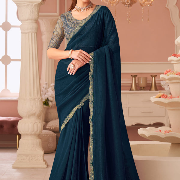 Vegaa Fashion Aqua Blue Georgette Embroidered Party Wear Saree - Distacart