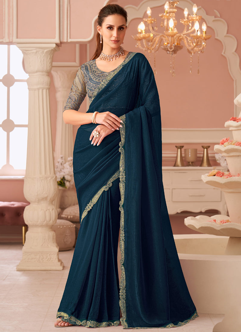 Vegaa Fashion Aqua Blue Georgette Embroidered Party Wear Saree - Distacart