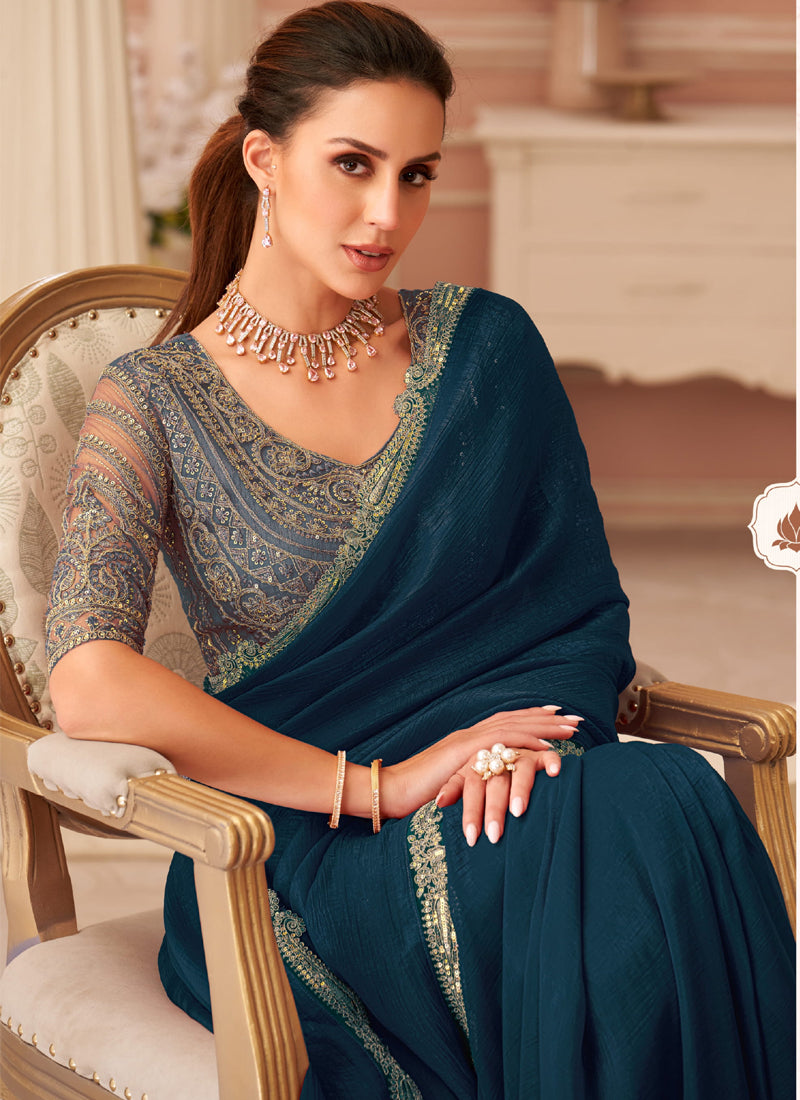 Vegaa Fashion Aqua Blue Georgette Embroidered Party Wear Saree