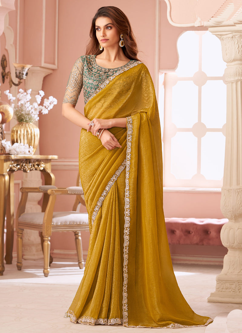 Vegaa Fashion Yellow Georgette Embroidered Party Wear Saree