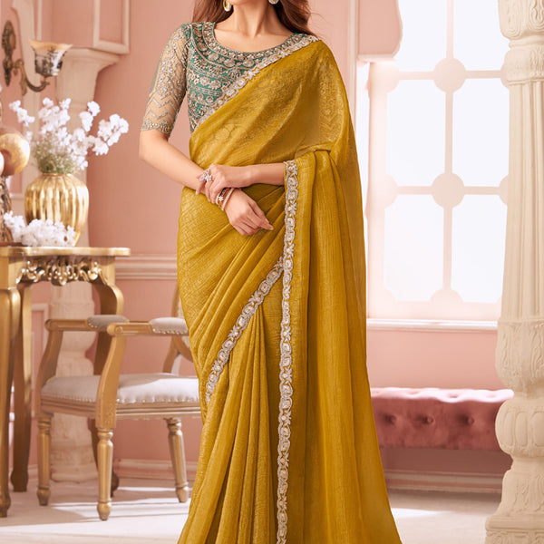Vegaa Fashion Yellow Georgette Embroidered Party Wear Saree - Distacart