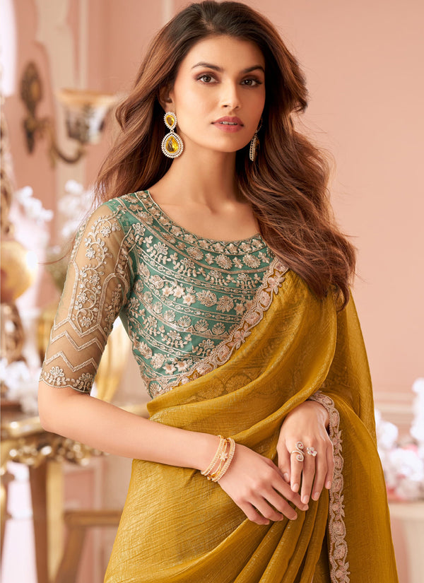 Vegaa Fashion Yellow Georgette Embroidered Party Wear Saree