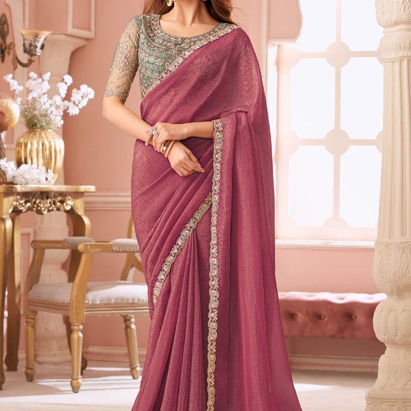 Vegaa Fashion Onion Pink Georgette Embroidered Party Wear Saree - Distacart