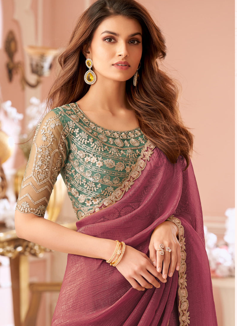 Vegaa Fashion Onion Pink Georgette Embroidered Party Wear Saree