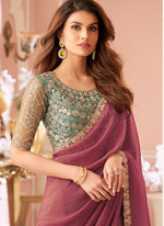 Thumbnail for Vegaa Fashion Onion Pink Georgette Embroidered Party Wear Saree