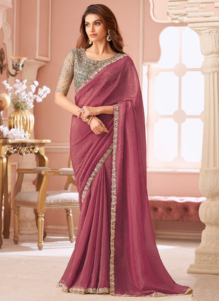 Vegaa Fashion Onion Pink Georgette Embroidered Party Wear Saree