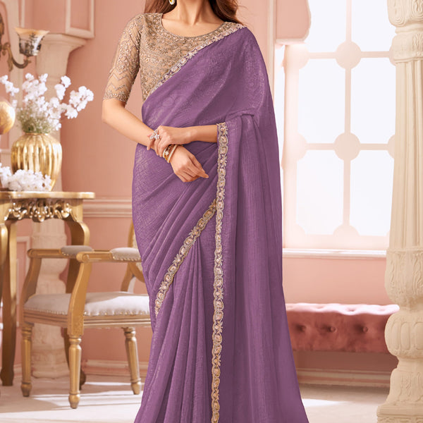 Vegaa Fashion Lavender Georgette Embroidered Party Wear Saree - Distacart