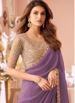 Thumbnail for Vegaa Fashion Lavender Georgette Embroidered Party Wear Saree