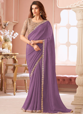 Vegaa Fashion Lavender Georgette Embroidered Party Wear Saree