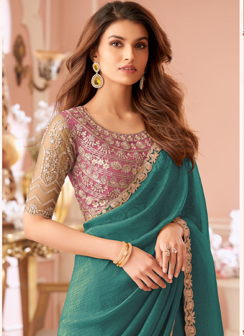 Vegaa Fashion Turquoise Georgette Embroidered Party Wear Saree