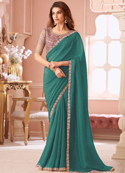 Vegaa Fashion Turquoise Georgette Embroidered Party Wear Saree