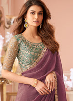Thumbnail for Vegaa Fashion Onion Pink Georgette Embroidered Party Wear Saree