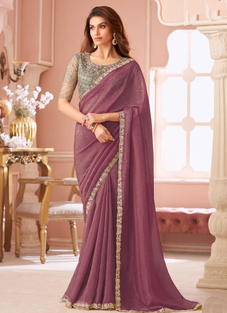 Vegaa Fashion Onion Pink Georgette Embroidered Party Wear Saree