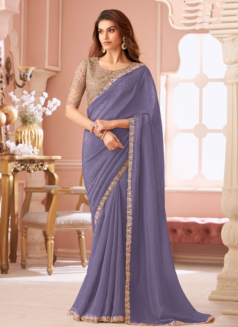 Vegaa Fashion Lavender Georgette Embroidered Party Wear Saree - Distacart