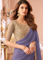 Thumbnail for Vegaa Fashion Lavender Georgette Embroidered Party Wear Saree
