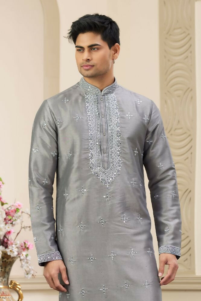 Raivat Ethnic Banarasi Art Silk Thread and Mirror Work Kurta Pajama In Grey Colour