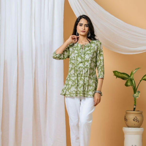 Joban Fashion Green Floral Hand Block Printed Cotton Co-Ord Set - Distacart
