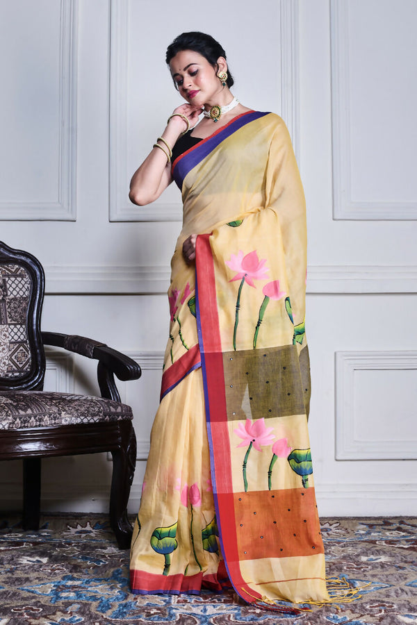 Morchari Multicolour Cotton Handloom Mirror Work Saree Unstitched Blouse