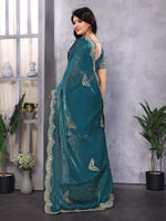 Thumbnail for Vastranavya Teal Embroidery Work Shimmer Chiffon Saree with Unstitched Blouse