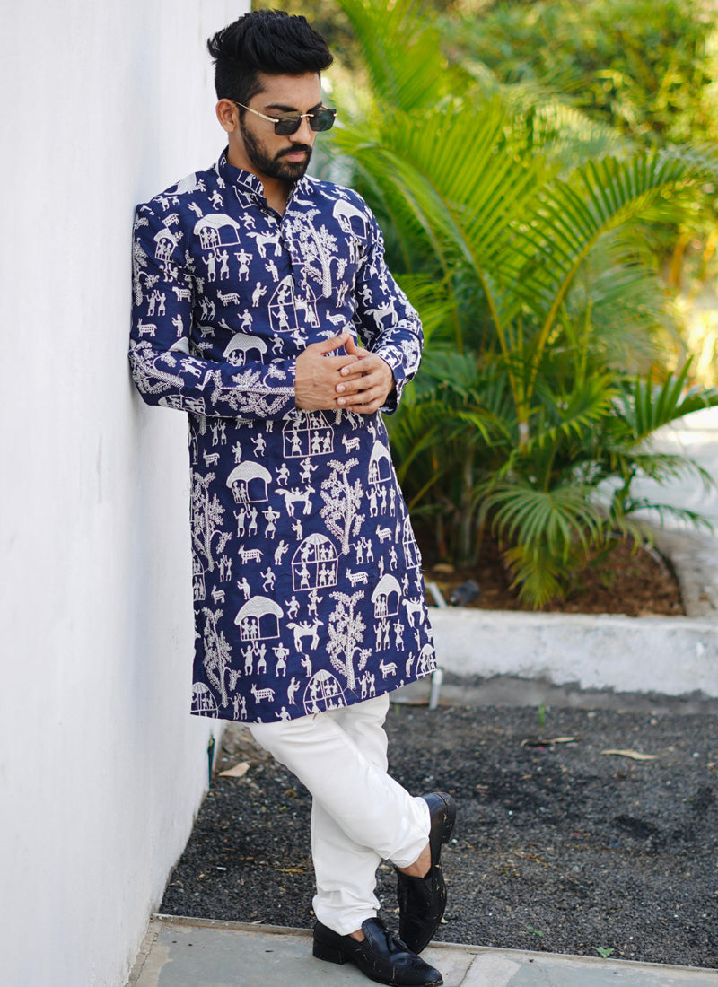 Prazu Fashion Blue Lucknowi Silk Kurta With Pajama