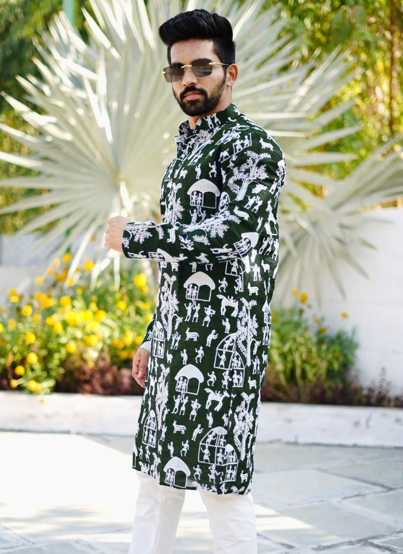 Prazu Fashion Green Lucknowi Silk Kurta With Pajama