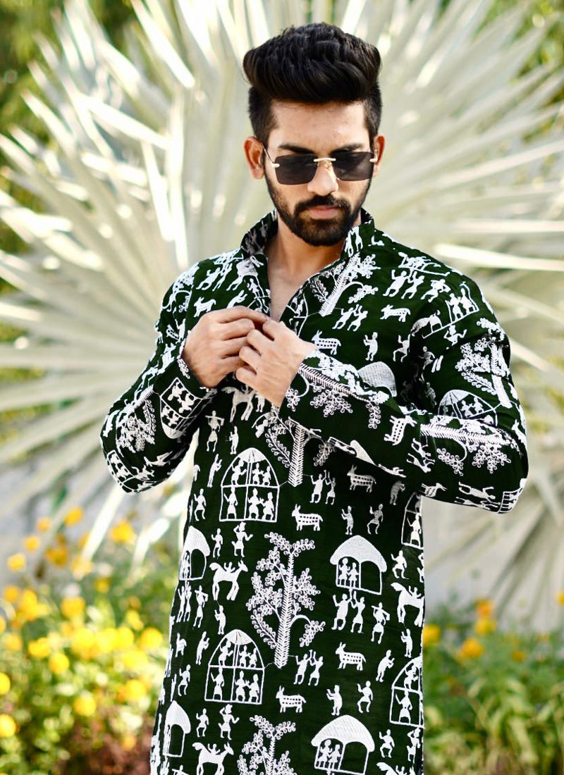 Prazu Fashion Green Lucknowi Silk Kurta With Pajama