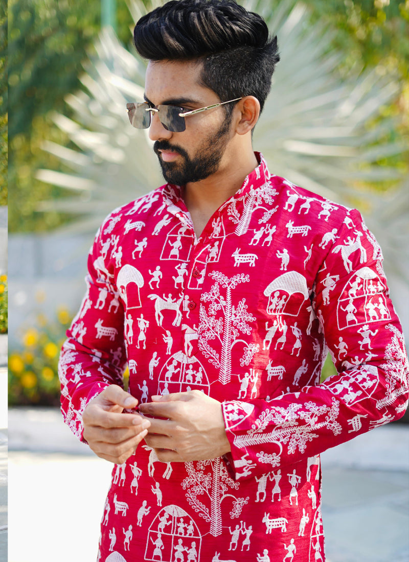 Prazu Fashion Red Lucknowi Silk Kurta With Pajama