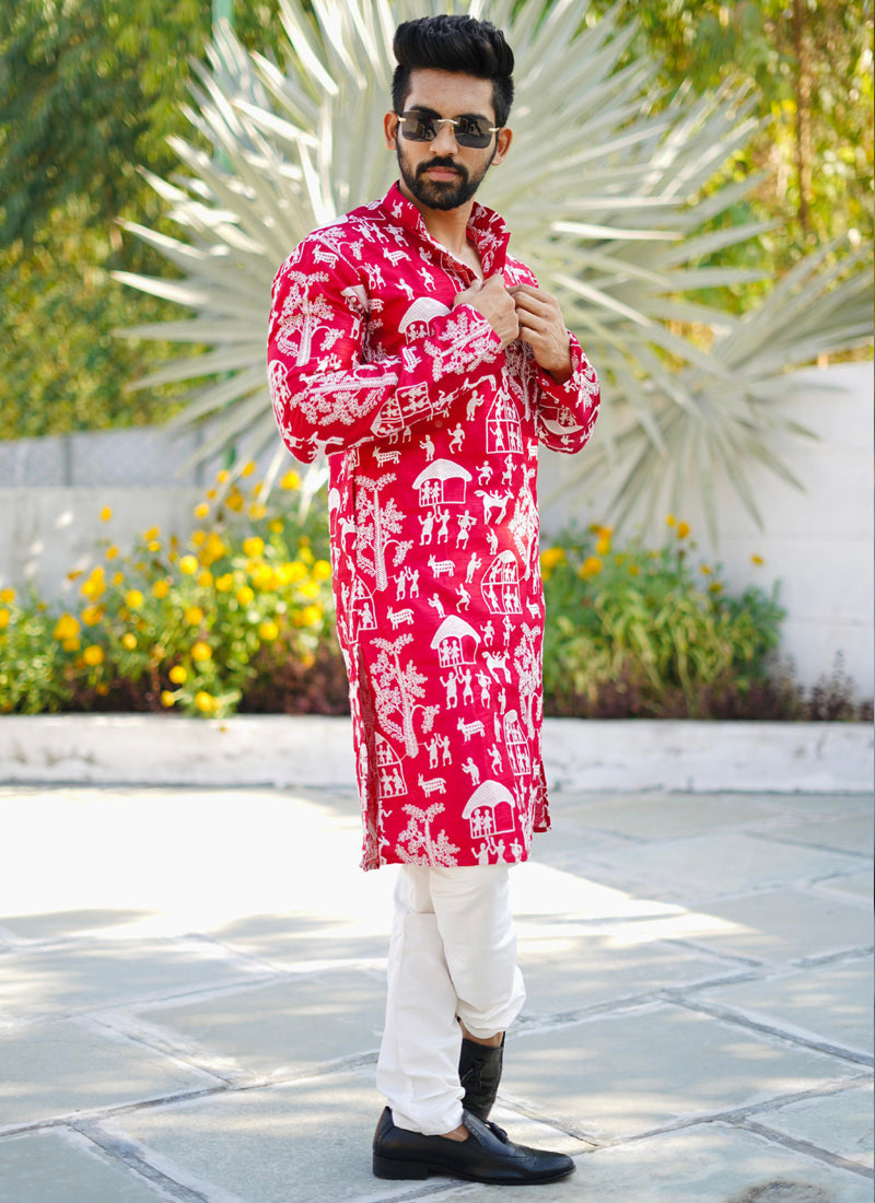 Prazu Fashion Red Lucknowi Silk Kurta With Pajama