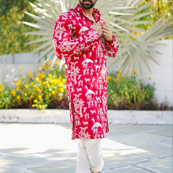 Prazu Fashion Red Lucknowi Silk Kurta With Pajama