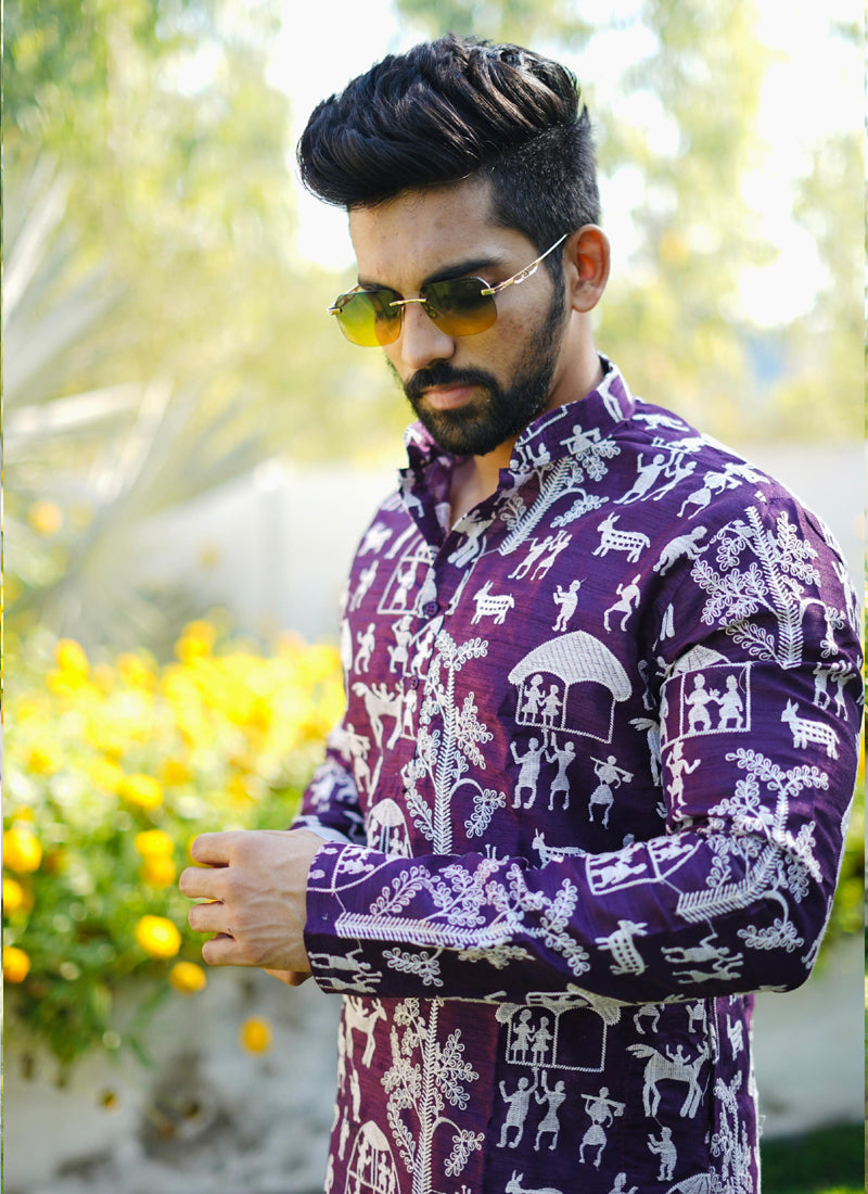 Prazu Fashion Violet Lucknowi Silk Kurta With Pajama