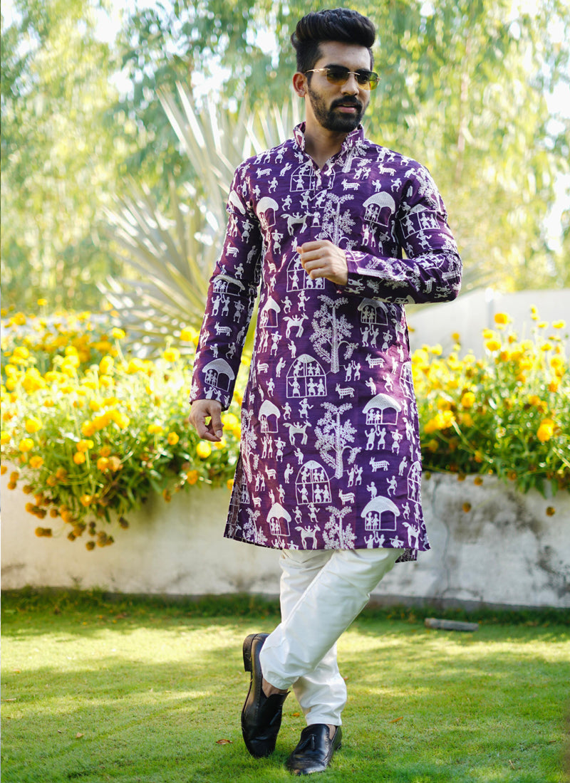 Prazu Fashion Violet Lucknowi Silk Kurta With Pajama