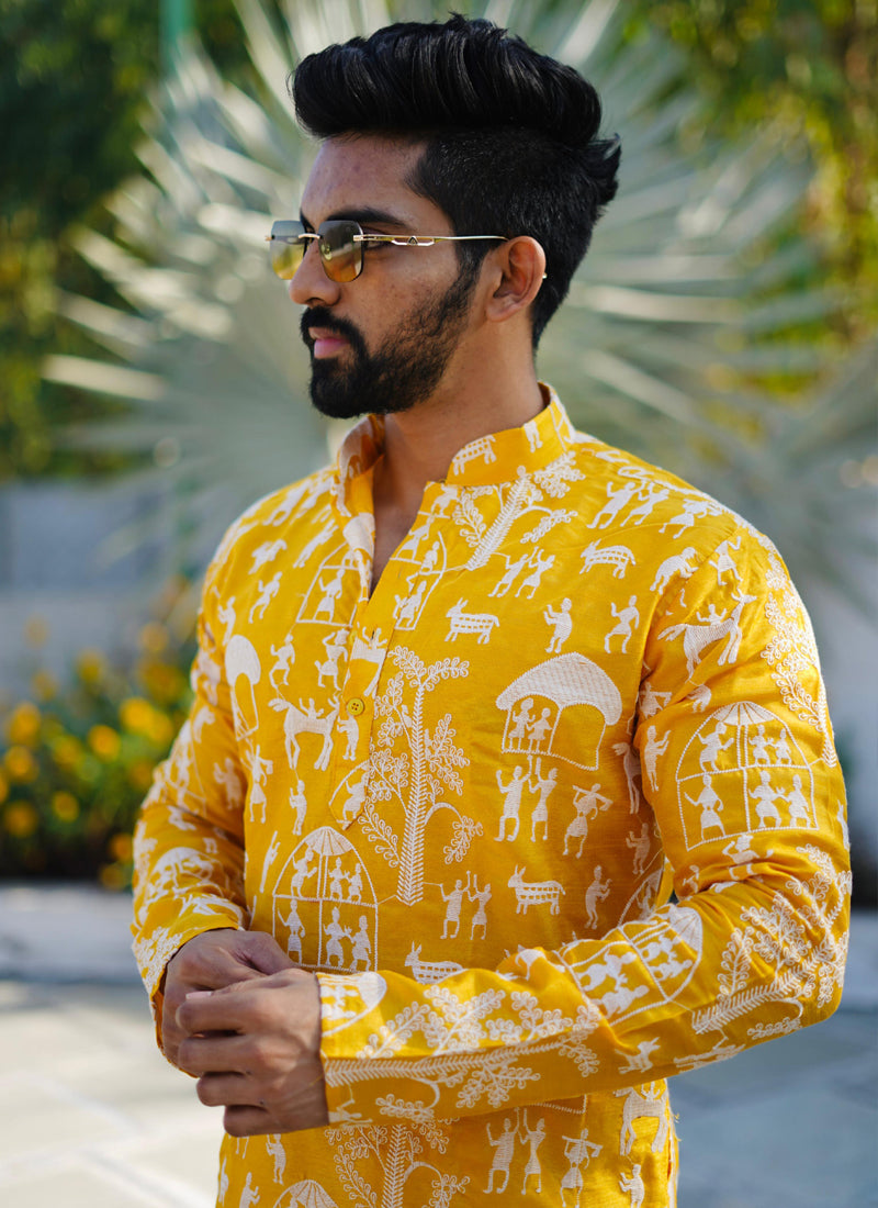 Prazu Fashion Yellow Lucknowi Silk Kurta With Pajama