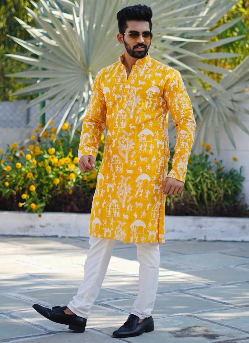 Prazu Fashion Yellow Lucknowi Silk Kurta With Pajama