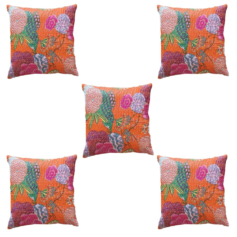 The Decor Nook Orange Base With Multicolour Flowers Print Cushion Cover - Distacart