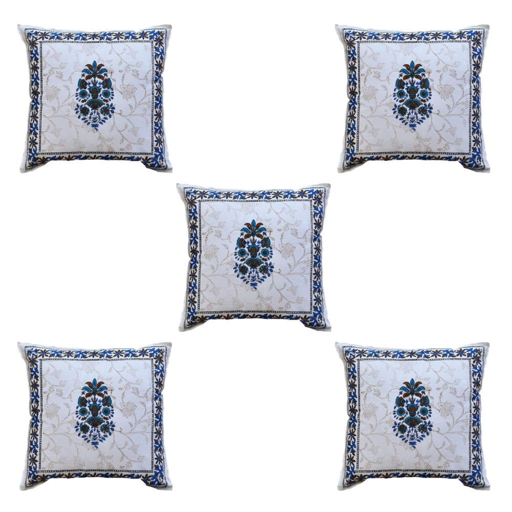 The Decor Nook Blue Floral Print With Blue Brown Border Cushion Cover - Distacart
