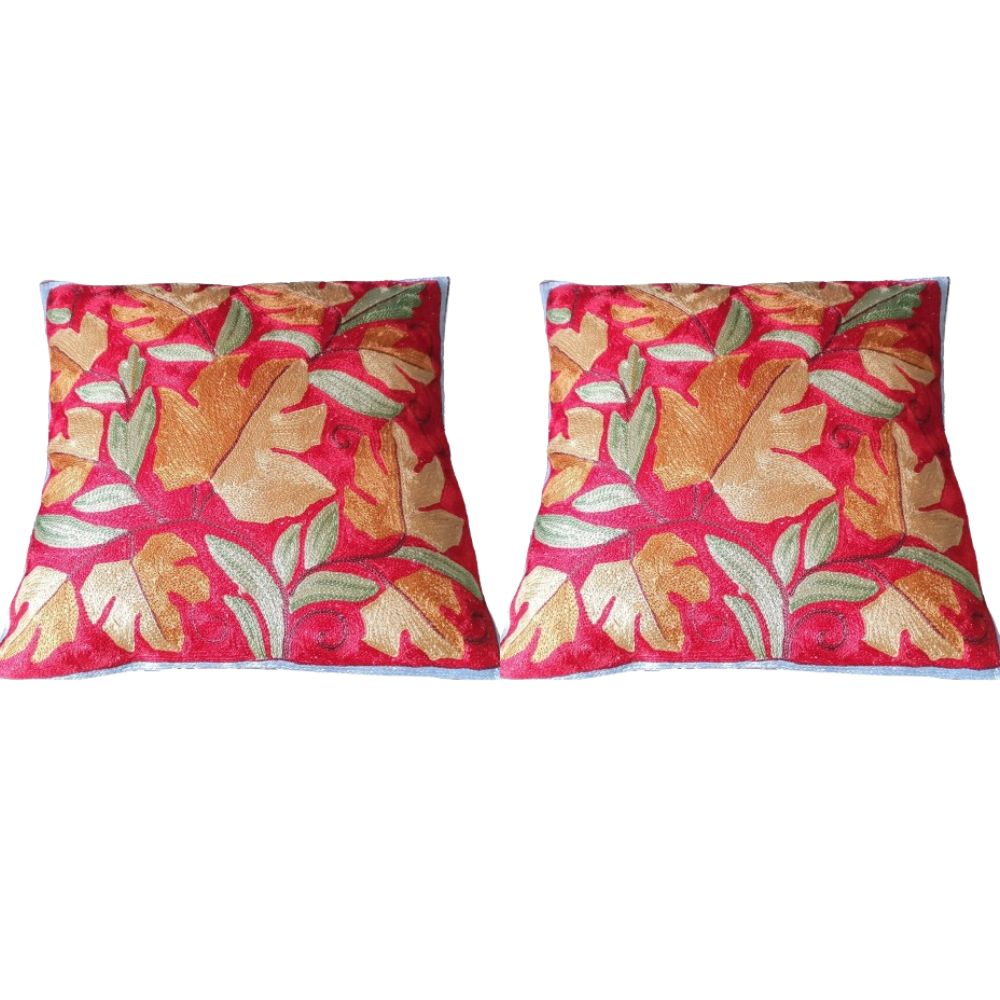 The Decor Nook Hand Embroidered Crewel Cushion Covers in Mustard Chinar Leaf Motif with Red Base - Distacart