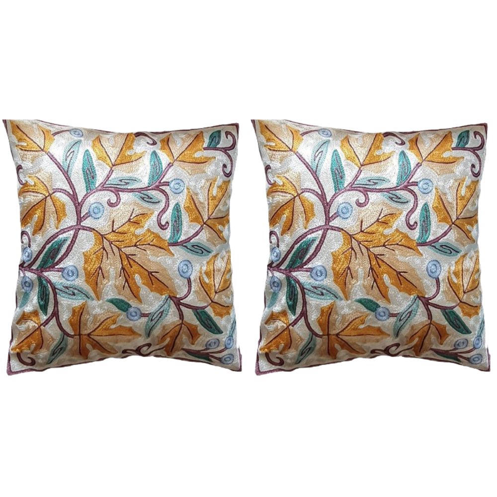 The Decor Nook Hand Embroidered Crewel Cushion Covers in Mustard & Chinar Leaf Motif with Off White Base - Distacart