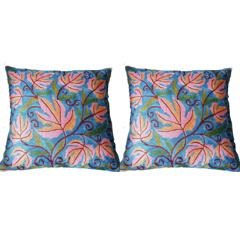 The Decor Nook Hand Embroidered Crewel Cushion Covers in Colar Pink & Chinar Leaf Motif with Blue Base - Distacart
