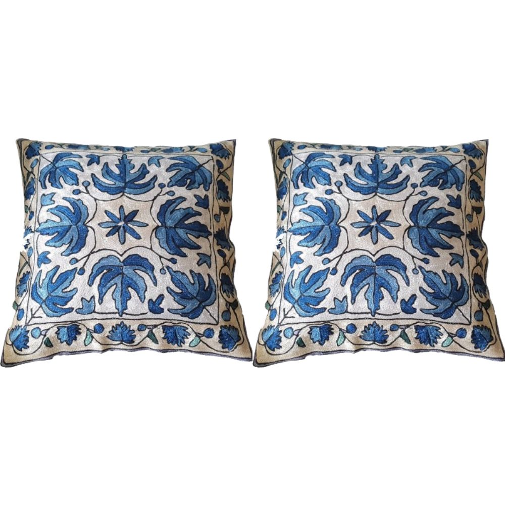 The Decor Nook Hand embroidered Crewel Cushion Covers in Blue Chinar Leaf Motif with Off White Base - Distacart