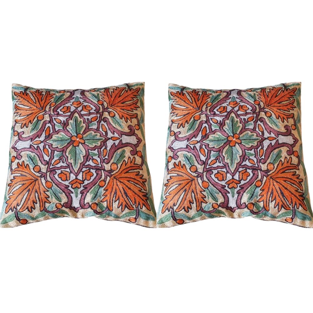 The Decor Nook Hand Embroidered Crewel Cushion Covers in Mustard & Chinar Leaf Motif with Teal Green Leaves - Distacart