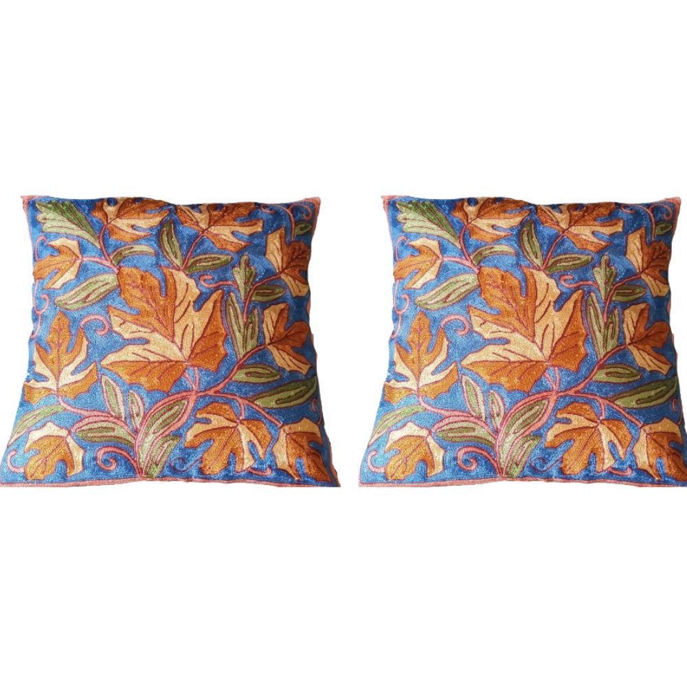 The Decor Nook Hand Embroidered Crewel Cushion Covers in Mustard & Off White Chinar Leaf Motif with Navy Blue Base - Distacart