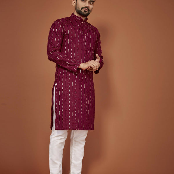 Anaita Maroon Embroidered Cotton Straight Kurta - Distacart