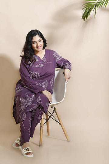 Breathables Women’S Purple Cotton Abstract Print Loungewear Co-Ord Set – Long Kurta & Pants - Dista