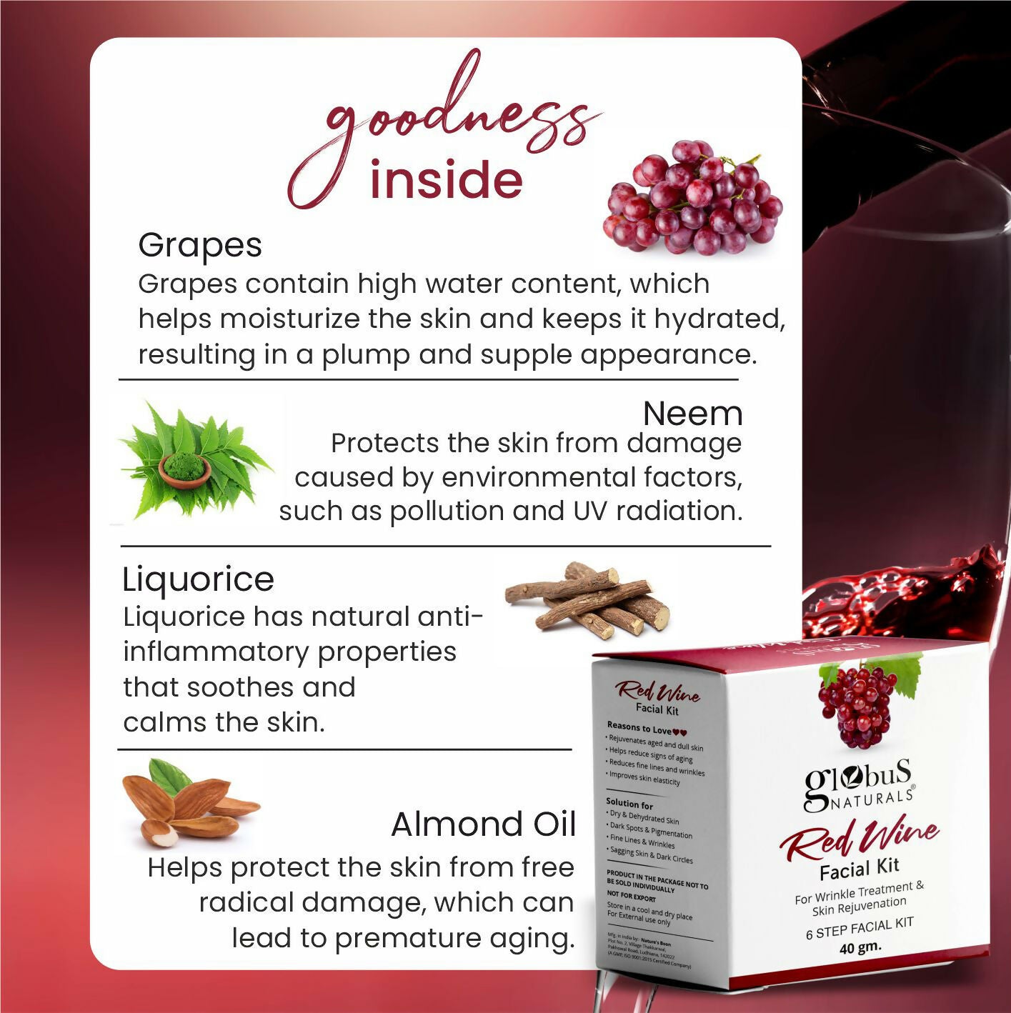 Globus Naturals Anti-Ageing Red Wine 6 Step Facial Kit - Distacart