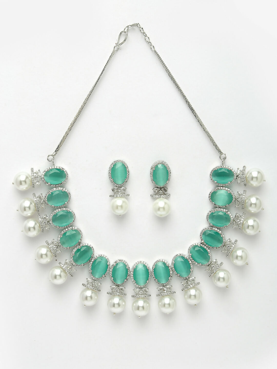 NVR Women's Silver-Plated Green American Diamond Studded Handcrafted Jewellery Set - Distacart