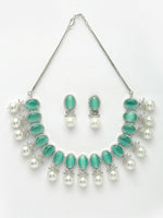Thumbnail for NVR Women's Silver-Plated Green American Diamond Studded Handcrafted Jewellery Set - Distacart