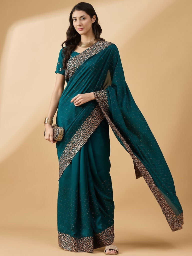 Teal Silk Blend Embroidered Saree with Unstitched Blouse - Vairagi - Distacart